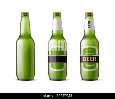 Bouteilles de bière réalistes. Bouteille en verre vert, étiquette vide. récipient 3d pour boisson alcoolisée. Produit de brasserie. Lager de qualité supérieure. Boisson froide Illustration de Vecteur