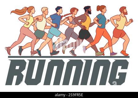 Les gens impliquaient la course sportive. Conception de bannière. Hommes et femmes en uniforme de sport. Personnages de coureurs en vêtements de sport. Compétition de jogging. Dessin animé isolé Illustration de Vecteur
