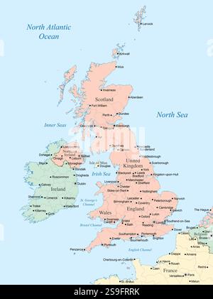 Carte politique centrée sur le Royaume-Uni et l'Irlande, mettant en évidence leurs grandes villes et leurs divisions régionales. Banque D'Images