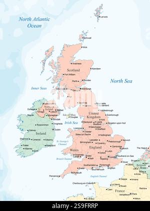 Carte politique centrée sur le Royaume-Uni et l'Irlande, mettant en évidence leurs grandes villes et leurs divisions régionales. Banque D'Images