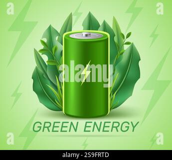 Concept d'énergie verte avec batterie. Éléments isolés réalistes, feuilles sur fond, conception de bannière, énergie écologique, technologie électrique. Rechargeable Illustration de Vecteur