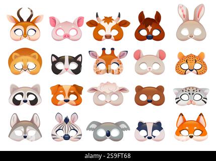Masques animaux drôles. Accessoires de cabine photo de dessin animé, accessoires de fête d'anniversaire d'enfants, attributs de mascarade, girafe, cerf, visages de renard, sauvage et domestique Illustration de Vecteur