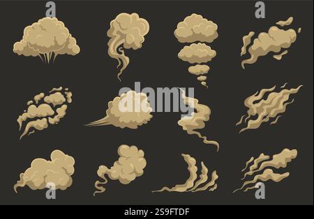 Nuages de poussière du désert. Explosions de fumée de dessin animé, vents de sable brun, effets de vapeur de saleté, gaz dans l'air, différentes formes de mouvement, poof, style comique plat Illustration de Vecteur