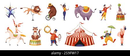 Animaux et artistes de cirque de dessin animé. Personnages de chapiteau drôles, spectacle de tente, spectacle de divertissement, entraîneurs et acrobates, clown drôle, spectacle d'animaux Illustration de Vecteur