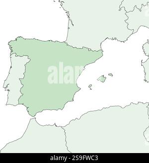 Carte de l'Espagne et des pays voisins, l'Espagne est ombré wirh lignes vertes. Illustration de Vecteur
