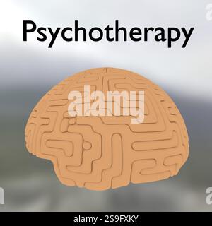 Illustration 3D d'un cerveau humain, intitulée psychothérapie. Banque D'Images
