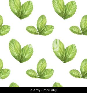 Motif sans couture avec des feuilles vertes de délicieuses fraises fraîches. Une plante verte de forêt de jardin. Brindille de baies pour décorer la vaisselle. Il. Isolé numérique Banque D'Images