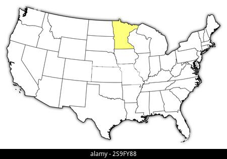 Carte des États-Unis avec les provinces, Minnesota est surligné en jaune. Illustration de Vecteur