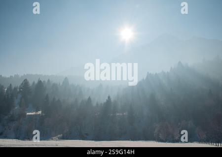 Une scène hivernale à couper le souffle avec le soleil illuminant la brume Piatra Craiului chaîne de montagnes. Les forêts enneigées et les collines sereines créent Banque D'Images