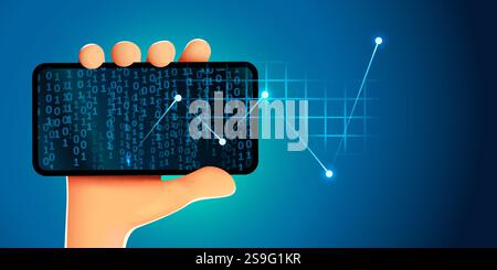 Concept de technologie mobile. Analyse graphique des tendances du marché sur smartphone. Tient le téléphone à main. Infographie et statistiques à l'écran. Illustration vectorielle Illustration de Vecteur