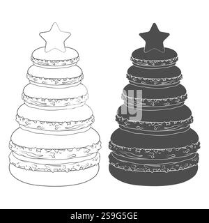 Ensemble d'illustrations en noir et blanc avec sapin de Noël fait de macarons de dessert. Objets vectoriels isolés. Illustration de Vecteur