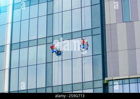 Travailler en hauteur. Alpinisme industriel, groupe de travailleurs nettoyant le service de vitres sur un immeuble de grande hauteur Banque D'Images