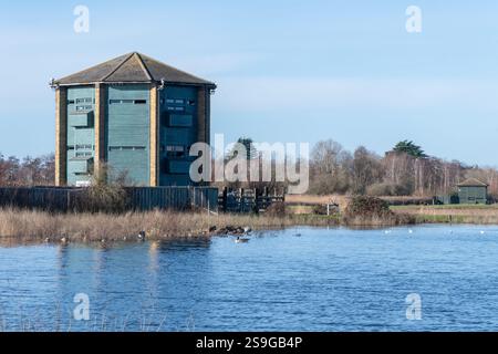 Vue du WWT London Wetland Centre avec la cachette d'oiseaux et les lacs de la Peacock Tower, Barnes, Londres, Angleterre, Royaume-Uni Banque D'Images