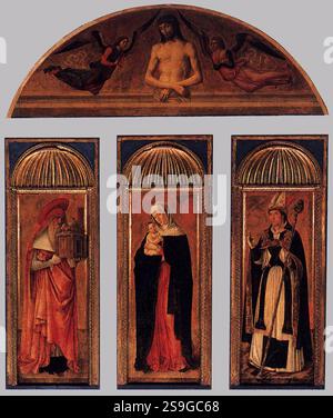 Le triptyque de la Vierge est un retable tempera-sur-panneau de 1464 à 1470 par l'artiste italien de la Renaissance Giovanni Bellini et d'autres. Son panneau central d’une Vierge debout et enfant mesure 127 par 48 cm, sa lunette de l’homme des douleurs flanquée d’anges 59 par 170 cm et ses panneaux latéraux de Jérôme et Louis de Toulouse 103 par 45 cm Banque D'Images