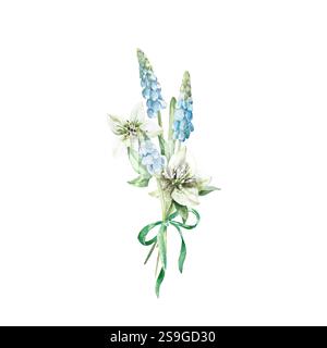 Bouquet de fleurs Muscari et hellebore avec arc vert. Illustration avec des fleurs de printemps, des feuilles Banque D'Images