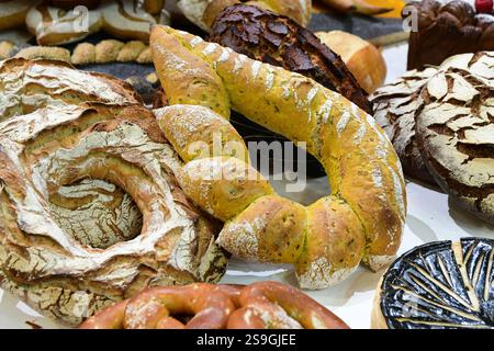 Pains et viennoiseries à la 17ème Coupe de France de la boulangerie au Sirha à Lyon. La 17e Coupe de France boulangerie au Sirha Lyon, qui s’est tenue du 23 au 25 janvier 2025, a rassemblé douze équipes régionales en compétition sur trois jours. L'événement a célébré l'excellence de la boulangerie française, avec l'équipe pays-de-la-Loire 2 émergeant comme gagnante, mettant en valeur l'accent mis par le concours sur les compétences artisanales et la diversité régionale. Banque D'Images