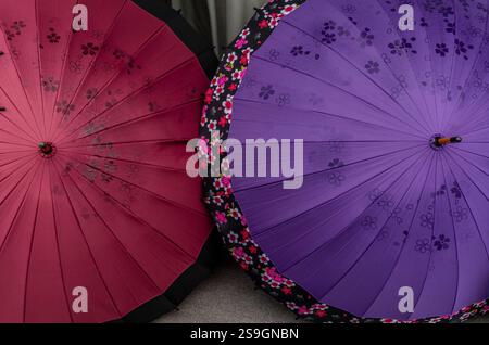 Parapluies japonais mignons et colorés qui séchent après la pluie à Kyoto Banque D'Images