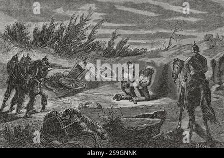 Guerre franco-prussienne (1870-1871). Exécution nocturne de deux hommes, pris la main dans le sac, maraudant un camp prussien. Gravure de Ribas. Historia de la Guerra de Francia y Prusia (histoire de la guerre entre la France et la Prusse). Volume I. publié à Barcelone, 1870. Banque D'Images