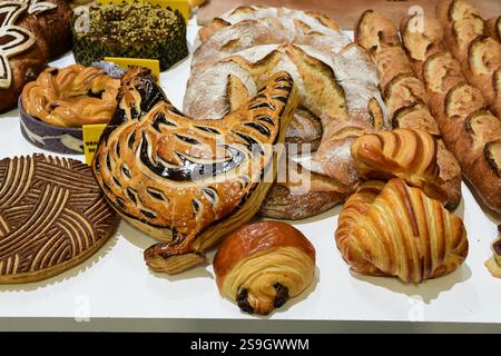 Pains et viennoiseries à la 17ème Coupe de France de la boulangerie au Sirha à Lyon. La 17e Coupe de France boulangerie au Sirha Lyon, qui s’est tenue du 23 au 25 janvier 2025, a rassemblé douze équipes régionales en compétition sur trois jours. L'événement a célébré l'excellence de la boulangerie française, avec l'équipe pays-de-la-Loire 2 émergeant comme gagnante, mettant en valeur l'accent mis par le concours sur les compétences artisanales et la diversité régionale. (Photo Romain Doucelin / SOPA images/SIPA USA) Banque D'Images