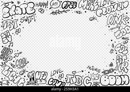 Mur de rue. Graffiti punk. Cadre rap art avec étiquettes hip hop. Signature de peinture. Décoration de texte avec texture pulvérisée. Bordure de lettrage d'aérosol. Marque noire Illustration de Vecteur