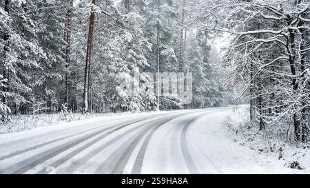 Neige lourde sur les arbres forestiers et route enneigée. Conduite automobile perspective à la première personne. Beau paysage hivernal Banque D'Images