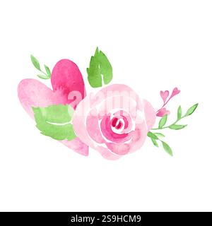 Composition florale de Saint-Valentin ou mariage de Heart and Pink Rose. Ala Prima peinture simple isolée sur un fond blanc. Amour et romantique Illustration de Vecteur