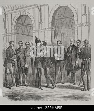 Guerre franco-prussienne (1870-1871). Le roi Guillaume Ier arrivant d'EMS, à la gare de Berlin, reçoit la nouvelle de la déclaration de guerre française (19 juillet 1870). Après l'avoir lu, il embrasse le prince royal, qui l'attendait avec Bismarck et les généraux Helmuth von Moltke, Albrecht von Roon et Friedrich von Wrangel. Gravure. Historia de la Guerra de Francia y Prusia (histoire de la guerre entre la France et la Prusse). Volume I. publié à Barcelone, 1870. Banque D'Images