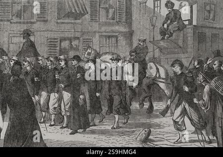 Guerre franco-prussienne (1870-1871). France. Le corps d'ambulance de presse français passant par Reims. Gravure. Historia de la Guerra de Francia y Prusia (histoire de la guerre entre la France et la Prusse). Volume I. publié à Barcelone, 1870. Banque D'Images