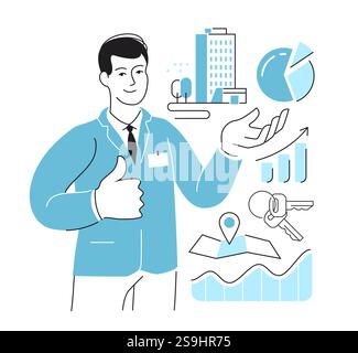 L'agent immobilier montre l'analyse du marché des affaires et des statistiques. Achat ou location d'un concept d'appartement Illustration de Vecteur
