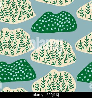 Motif abstrait avec des formes, des points et des feuilles sur un fond bleu pâle, ressemblant à des montagnes artistiques. Parfait pour le décor moderne, les textiles, les papiers peints et les projets de design créatif. Illustration vectorielle Illustration de Vecteur