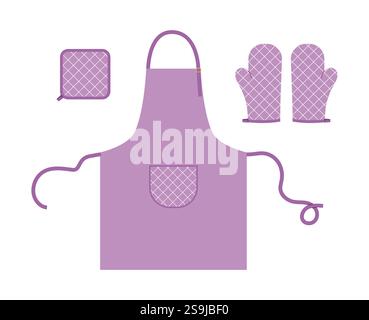 Ensemble de tabliers, gants de four et potholder mode violet dessin animé fenêtre tartan motif motif main accessoire vêtements illustration technique vêtement. Vecteur pour hommes femmes, style unisexe plat sur blanc Illustration de Vecteur