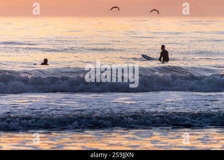 Surfeurs au lever du soleil observant les vagues à Jacksonville Beach, Floride. (ÉTATS-UNIS) Banque D'Images