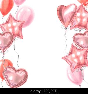 Bannière avec des ballons brillants roses avec un espace vide pour le texte de vœux. Illustration d'aquarelle dessinée à la main de la décoration sur fond isolé. Modèle Banque D'Images