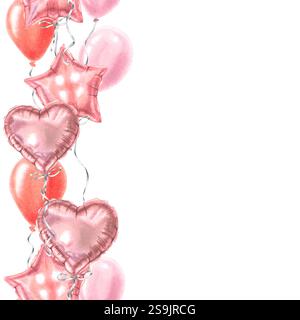 Bordure verticale sans couture avec ballons roses brillants avec espace vide pour le texte de bienvenue. Illustration à l'aquarelle dessinée à la main de la décoration sur isolé Banque D'Images