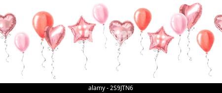 Bordure sans couture de ballons à air roses. Illustration à l'aquarelle dessinée à la main du décor de fête sur fond isolé. Bannière pour site web, cartes postales Banque D'Images
