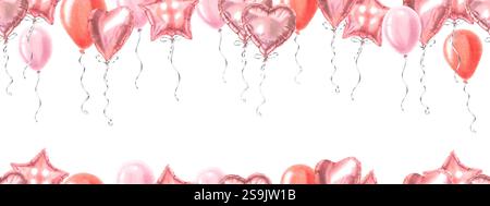Bordure horizontale sans couture avec ballons roses brillants avec espace vide pour le texte de vœux. Illustration à l'aquarelle dessinée à la main du décor de fête sur isolé Banque D'Images