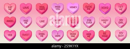 Ensemble de messages de bonbons en forme de coeur pour la décoration de la saint-valentin - collection romantique douce rose. Texte d'expressions d'amour, de phrases flirtes et de baguette douce Illustration de Vecteur