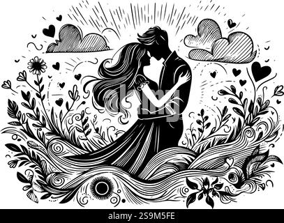 Un homme et une femme sont représentés dans une étreinte étroite. Leurs visages sont de profil, touchant ou presque touchant, suggérant un moment tendre et intime. Illustration de Vecteur