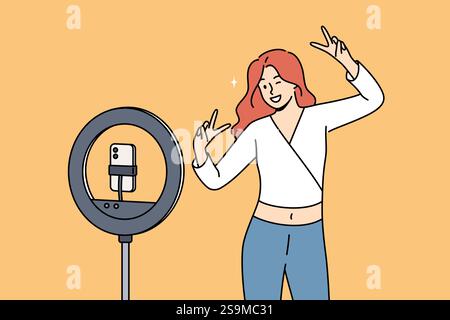 Femme blogueuse danse devant le téléphone sur trépied avec lampe annulaire, vidéo prête à l'emploi pour les réseaux sociaux. Vidéo blogueuse fille sourit tout en diffusant en direct pour les abonnés et les fans d'Internet. Illustration de Vecteur