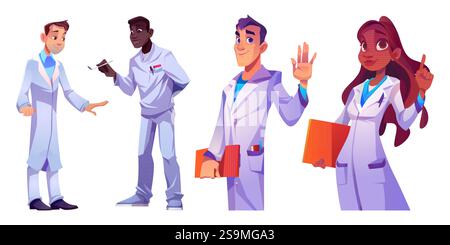 Ensemble de personnages de Doctor diverse avec le personnel médical portant des manteaux blancs. Professionnels de la santé - hôpital de dessin animé et clinique spécialiste africain avec presse-papiers, praticiens en uniformes de laboratoire. Illustration de Vecteur