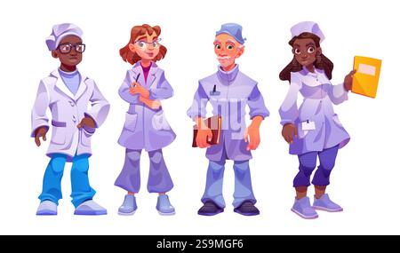 Personnel médical divers ensemble de caractères avec des spécialistes africains et caucasiens masculins et féminins en manteaux blancs. Équipe de soins de santé professionnelle - médecin principal, praticiens avec des documents, jeune médecin. Illustration de Vecteur