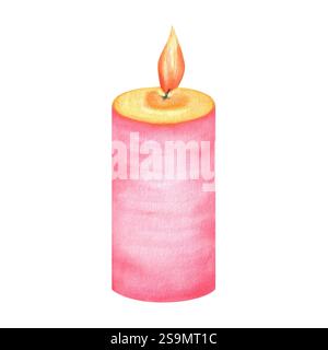 Une grande bougie éclairée rose vif attachée avec une ficelle. Clipart de vacances de Pâques. Illustration d'aquarelle dessinée à la main. Banque D'Images