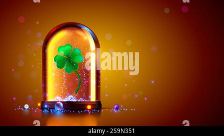 Trèfle à quatre feuilles dans une fiole en verre. Un trèfle magique qui porte chance. Le trèfle à quatre feuilles est un symbole irlandais de chance. Fond de trèfle pour parfait Illustration de Vecteur