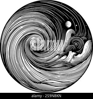 L'illustration stylisée en noir et blanc d'une onde tourbillonnante est contenue dans un cadre circulaire. Illustration de Vecteur