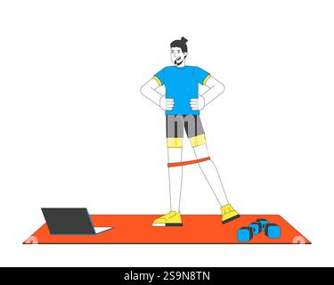 Homme faisant l'exercice de bande de résistance sur le tapis de yoga avec haltères et personnage de dessin animé 2D d'ordinateur portable Illustration de Vecteur