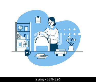 Illustration vectorielle montrant une fille en uniforme scolaire qui fait son sac à dos avant d'aller à l'école. La routine matinale des écoliers Illustration de Vecteur