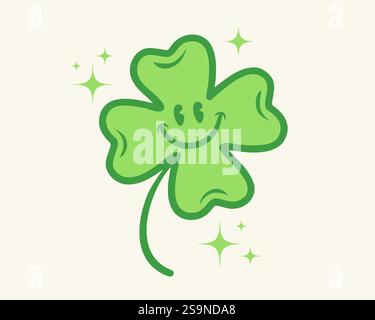 Vecteur quatre feuilles trèfle chanceux pour St. La journée de Patrick dans le style groovy. Dessin animé rétro de trèfle chanceux pour Patricks Day. Illustration de Vecteur