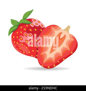 Icône de fraises rouges juteuses isolée sur un fond blanc. Illustration vectorielle de baies délicieuses entières et coupées en deux. Illustration de Vecteur