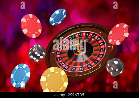 Roulette de casino, jetons de poker colorés et dés flottant dans les airs dans le fond bokeh rouge. Illustration du concept de jeu Banque D'Images
