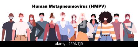 Métapneumovirus humain (HMPV). Groupe de personnes portant des masques médicaux pour prévenir la maladie. Concept épidémique. Illustration vectorielle. Non généré par IA Banque D'Images